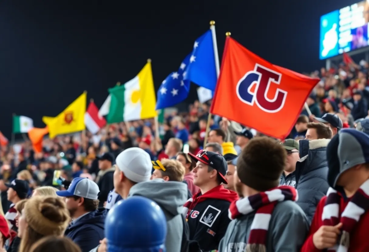 Fans supporting their college teams during a media event