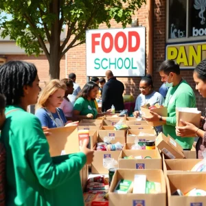 Families receiving food boxes at a school food pantry event.