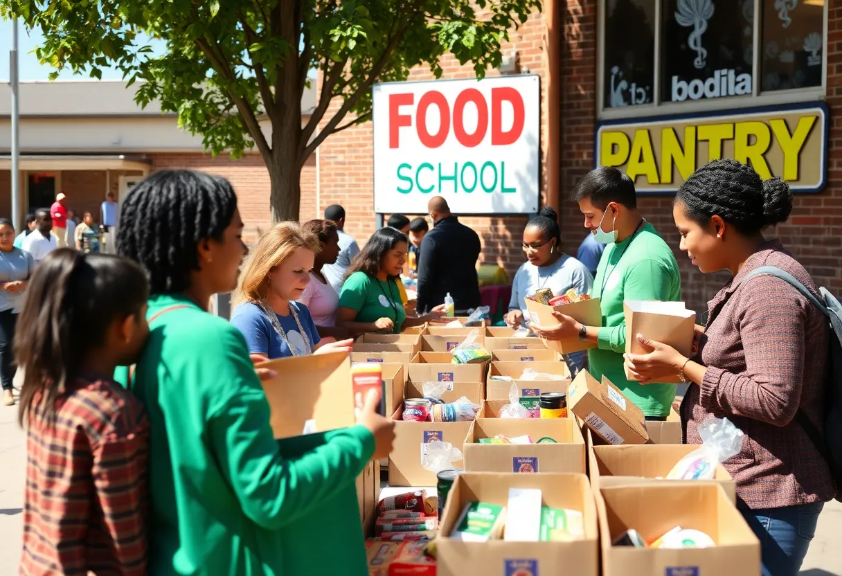 Families receiving food boxes at a school food pantry event.