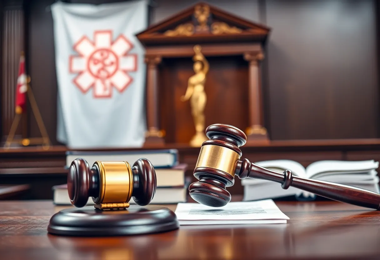 Courtroom scene with legal symbols representing a healthcare fraud case.