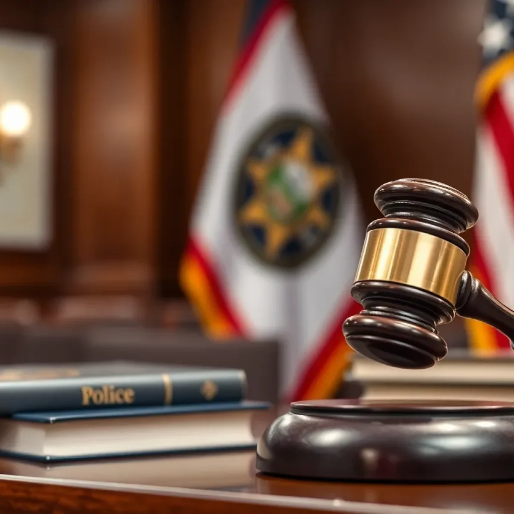 A gavel and legal books in a courtroom