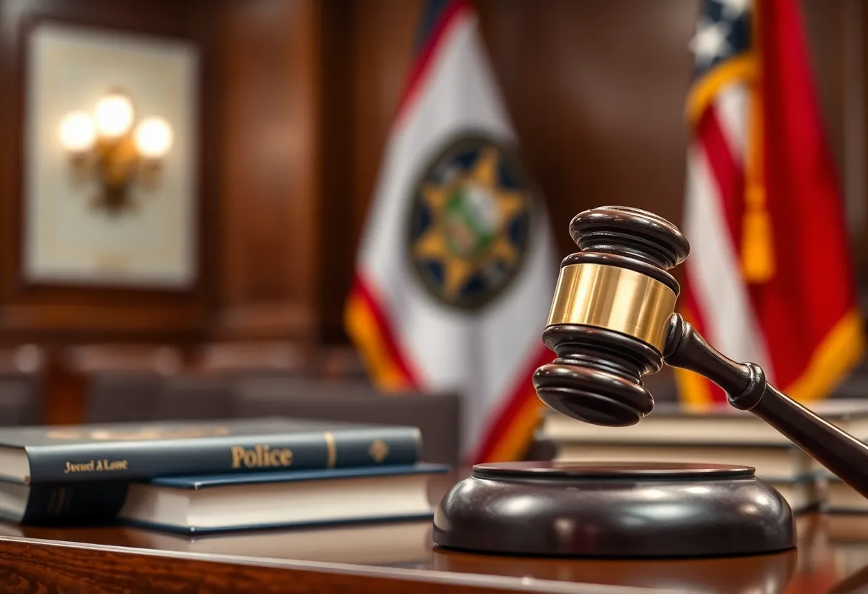A gavel and legal books in a courtroom