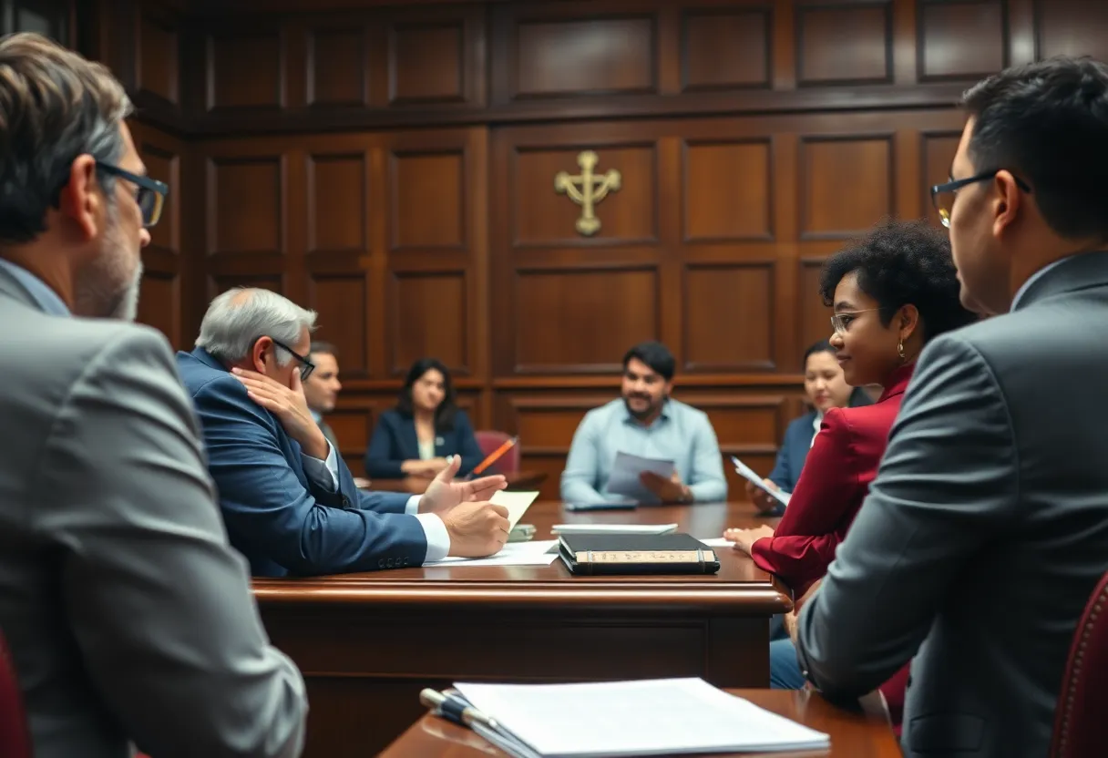 Courtroom scene illustrating legal dispute in education