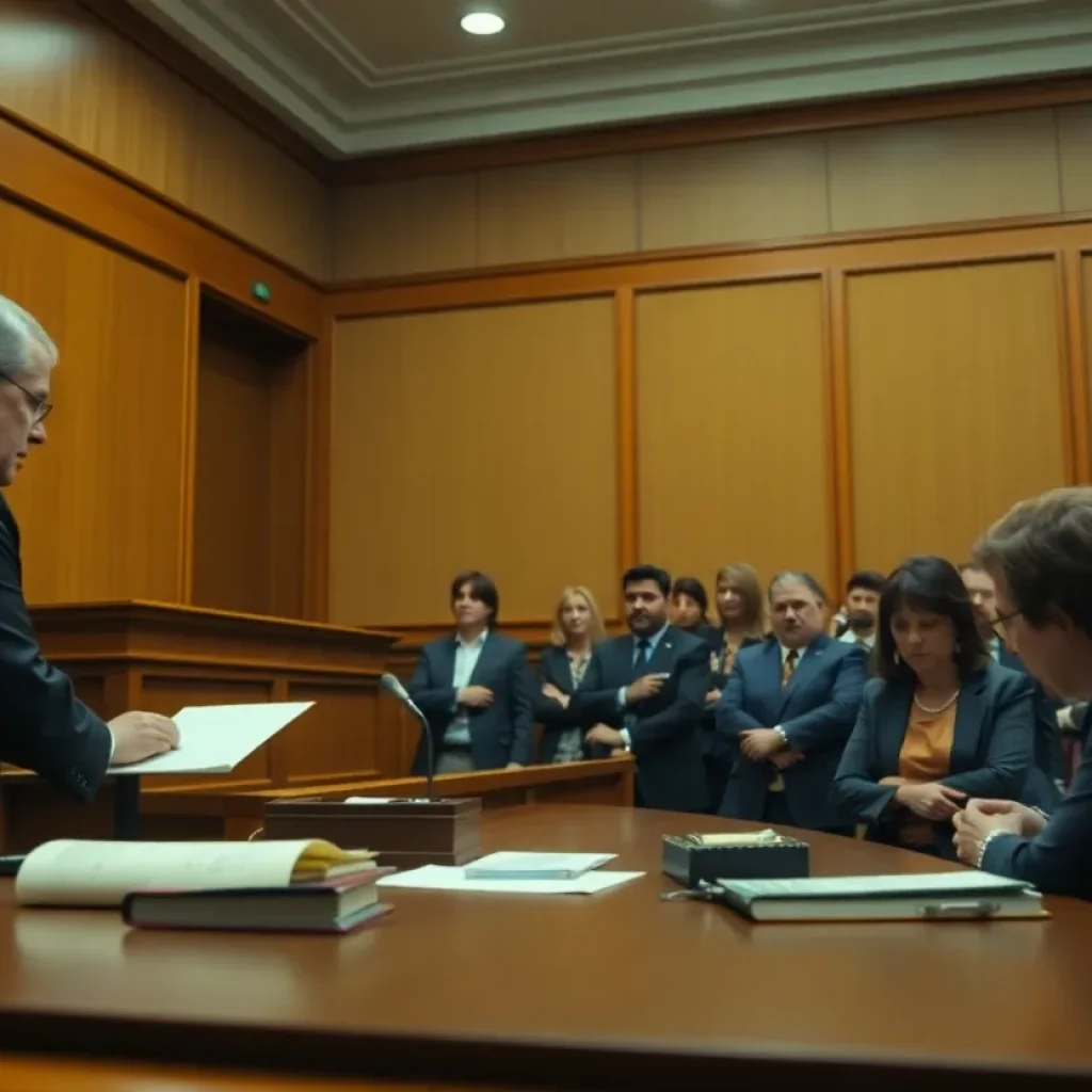 A courtroom scene depicting legal proceedings
