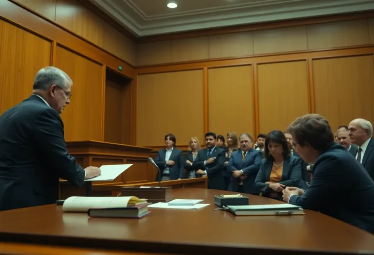 A courtroom scene depicting legal proceedings