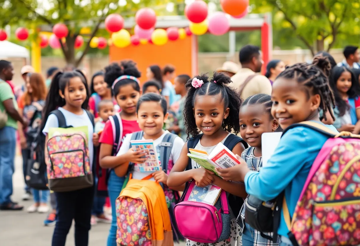 Families gathering to receive school supplies at a community giveaway event in DeSoto County.