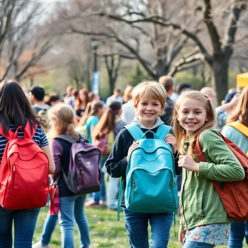 Families enjoying a community event with backpacks in a park.