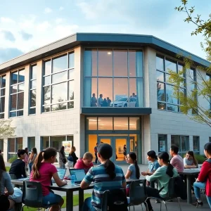 Students engaged in educational activities outside a newly renovated school building
