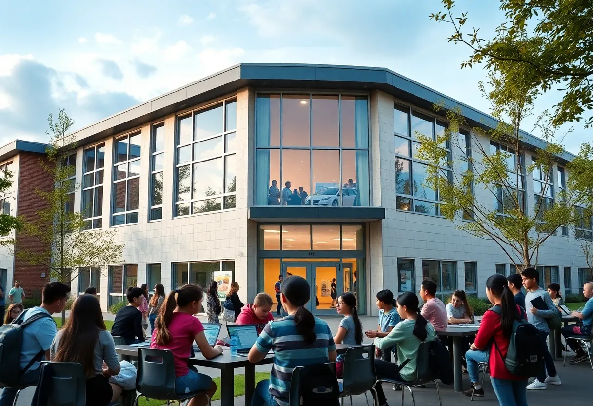 Students engaged in educational activities outside a newly renovated school building