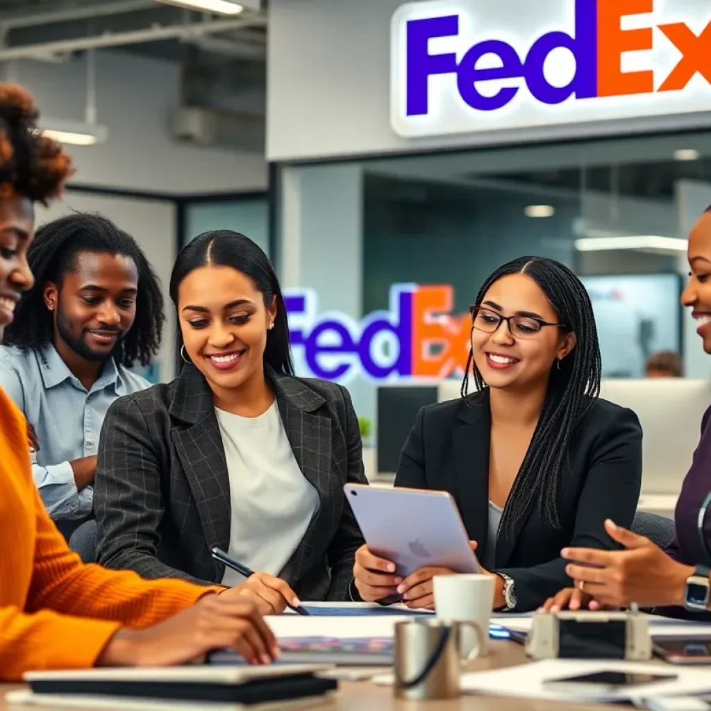 Diverse employees collaborating in a FedEx office environment