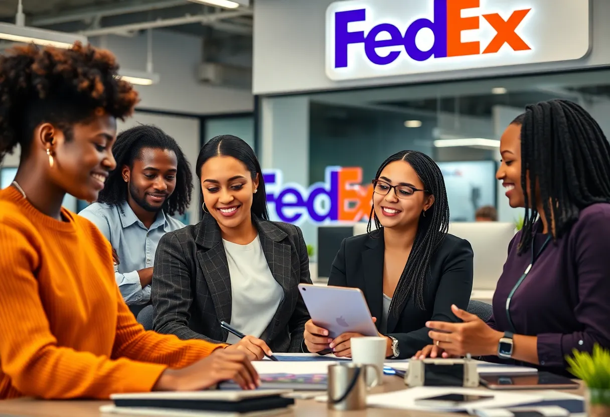 Diverse employees collaborating in a FedEx office environment