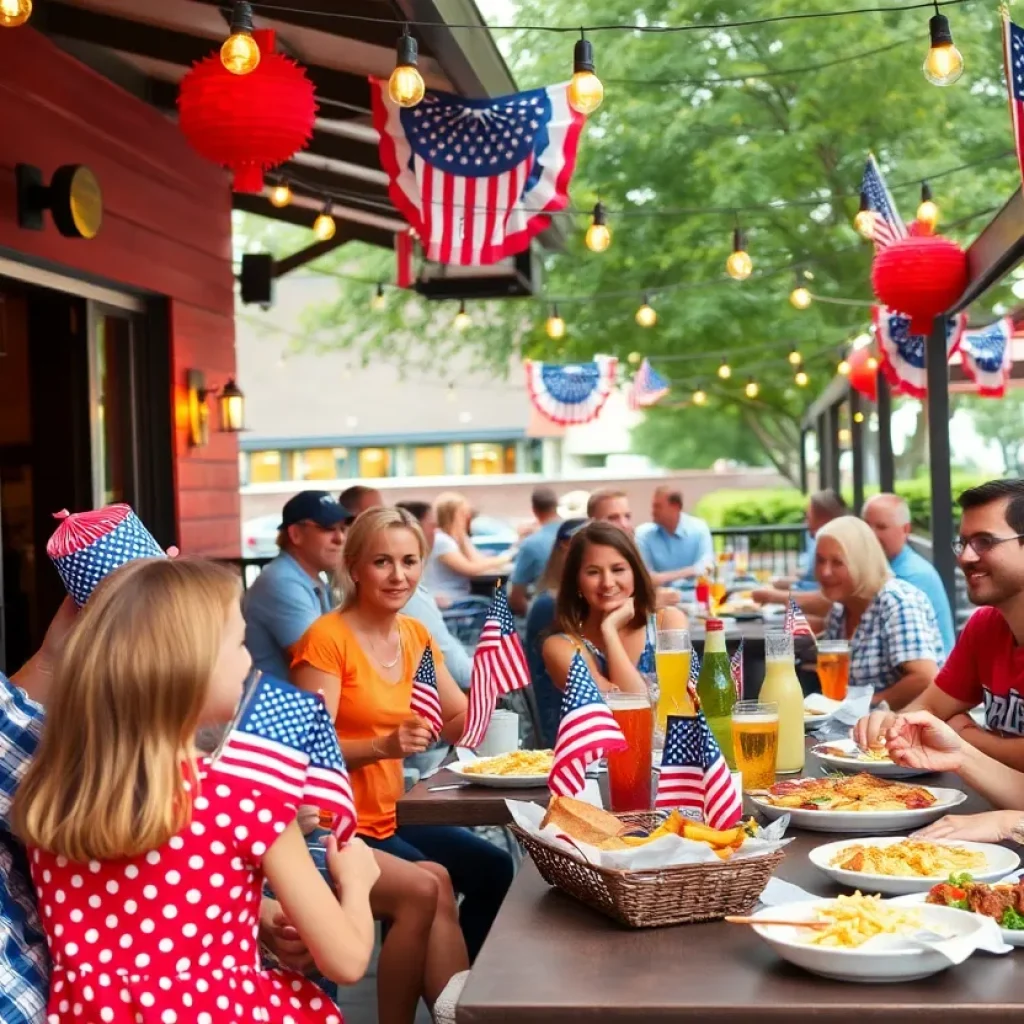 Outdoor dining scene at a Memphis restaurant during Independence Day celebration