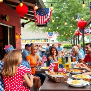 Outdoor dining scene at a Memphis restaurant during Independence Day celebration