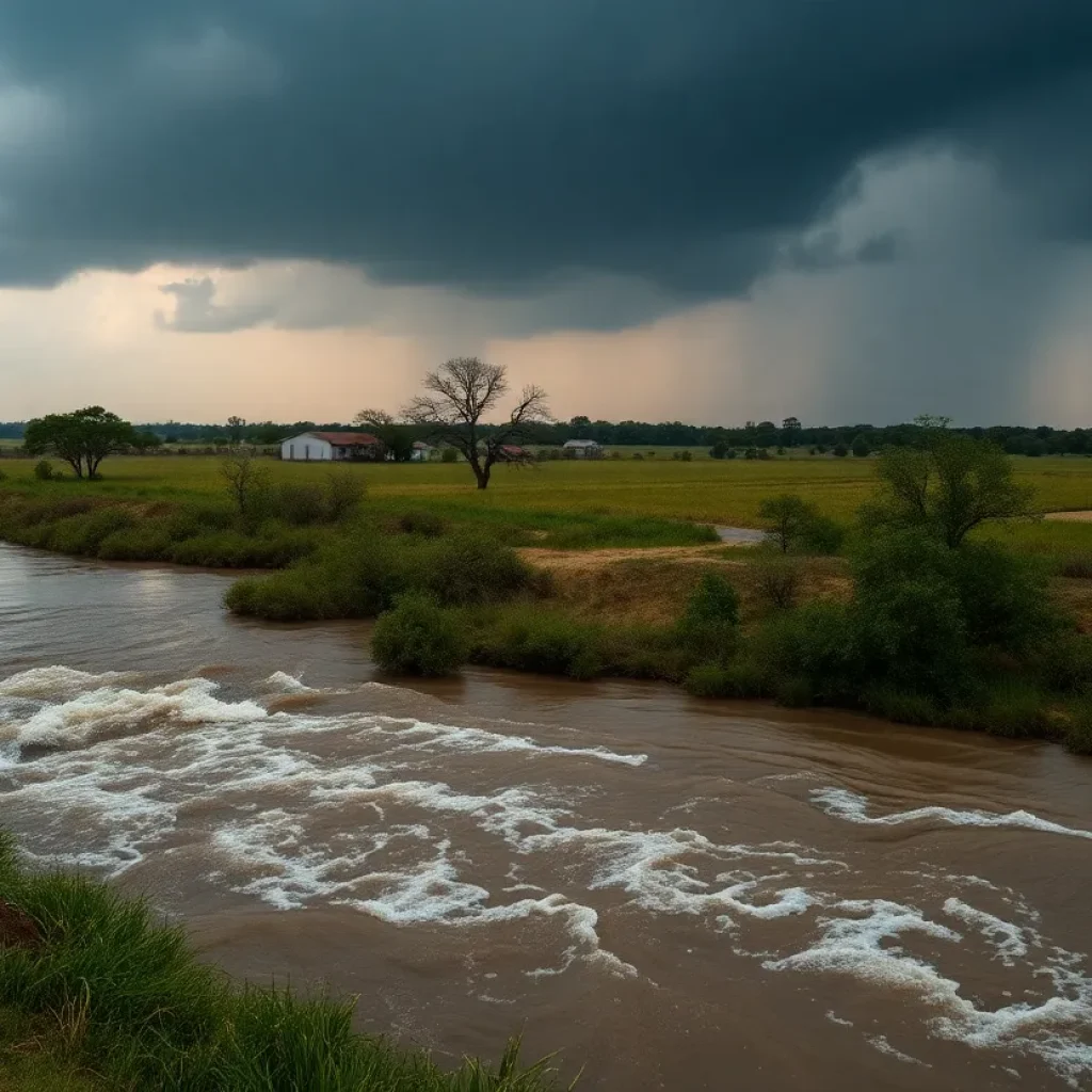 Scene of flash flooding in Central Texas with rising waters and trees partially submerged.