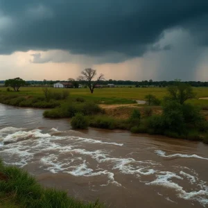 Scene of flash flooding in Central Texas with rising waters and trees partially submerged.