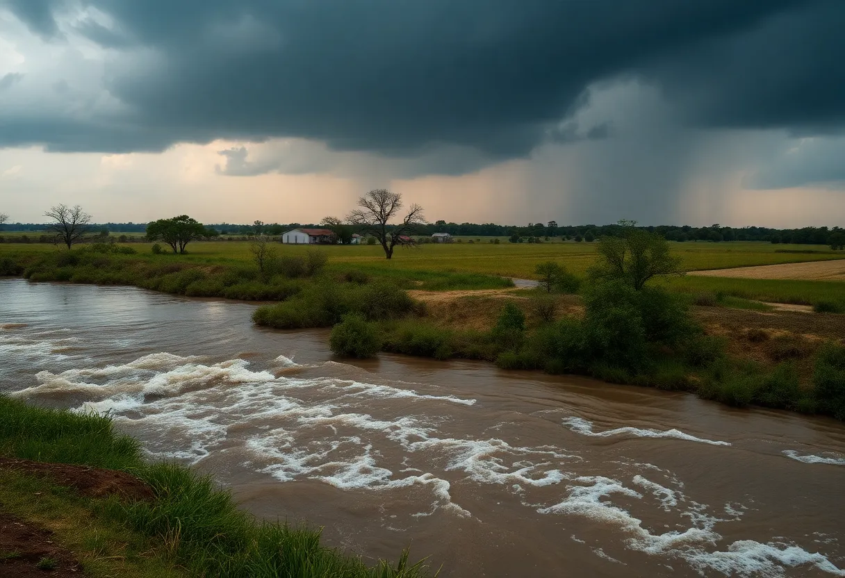 Scene of flash flooding in Central Texas with rising waters and trees partially submerged.