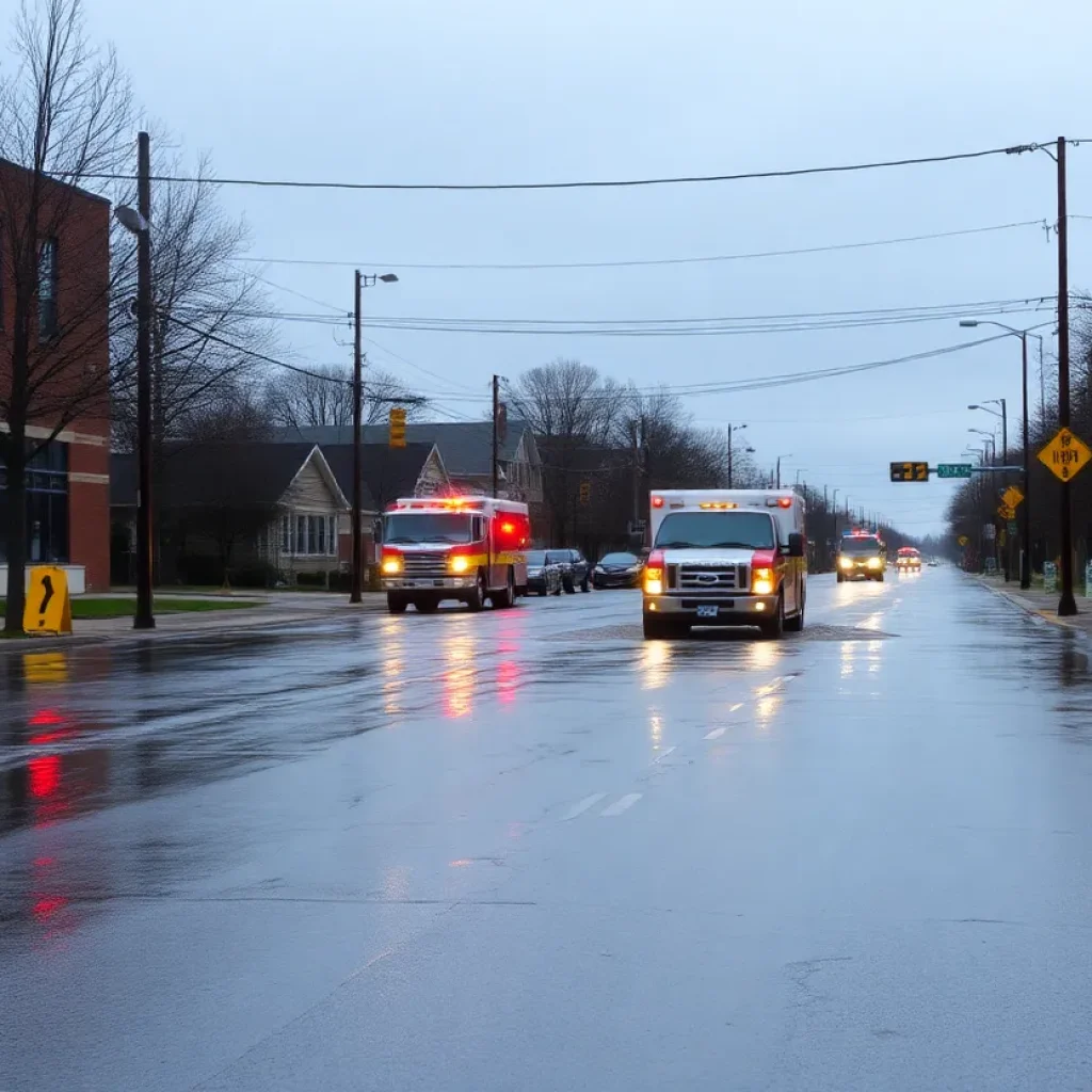 Flooded street in Germantown, showing emergency vehicles.
