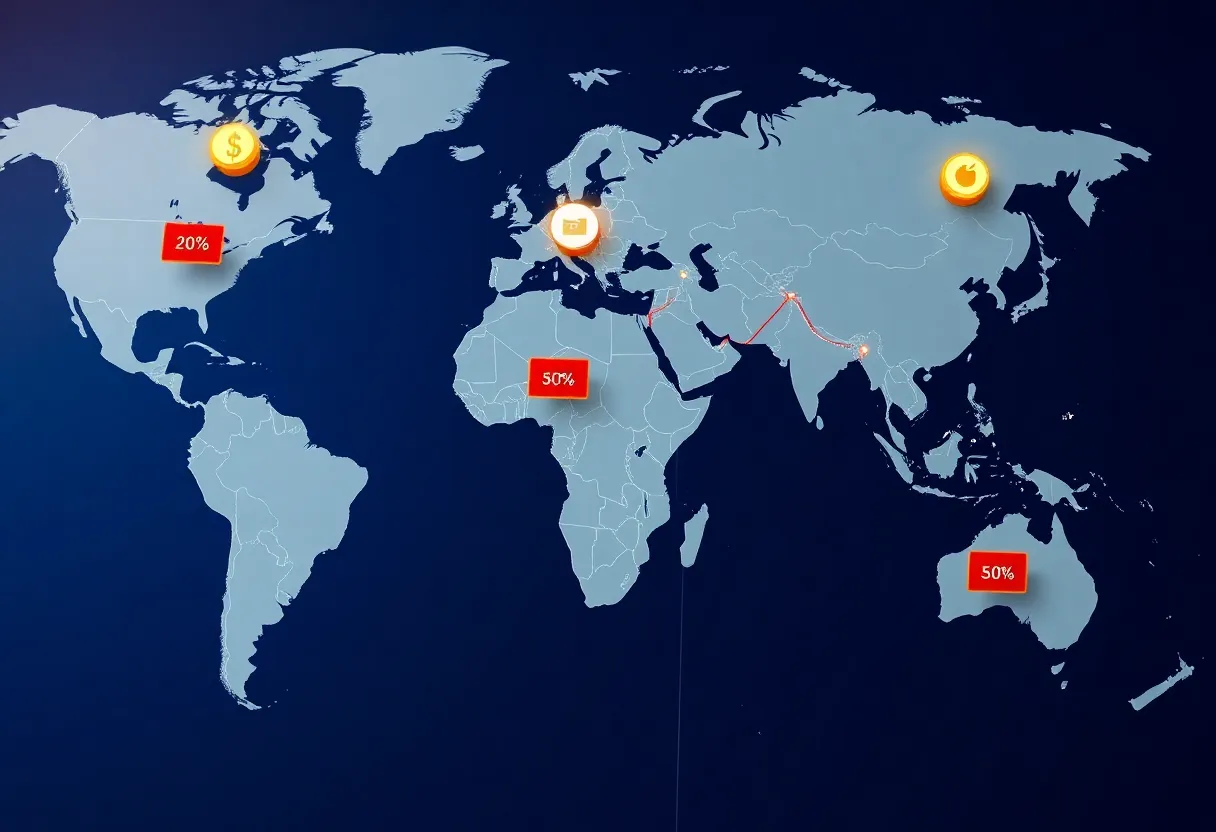 Map showing global trade routes and tariff impacts