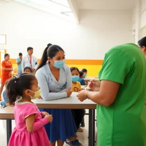Health center facilitating student vaccinations and check-ups in a school environment