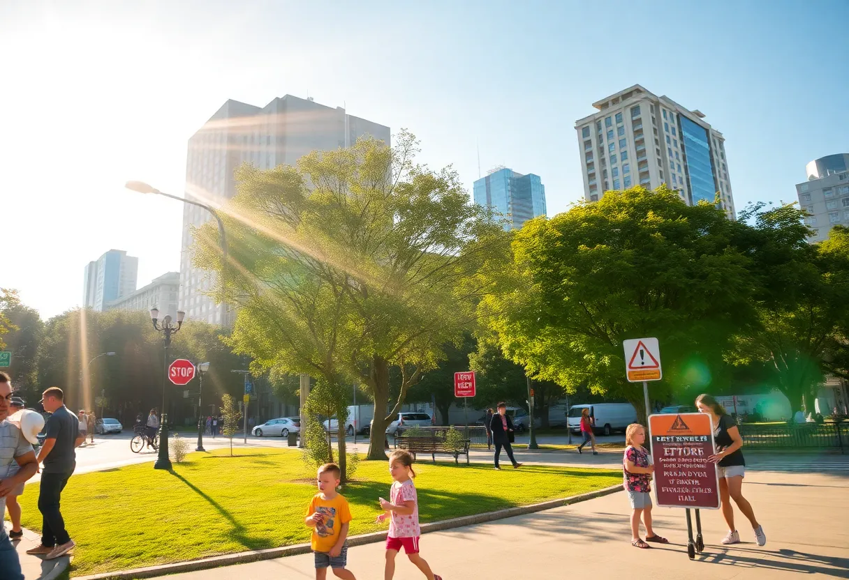 Urban park scene in Memphis during extreme heat, featuring families and warning signs.