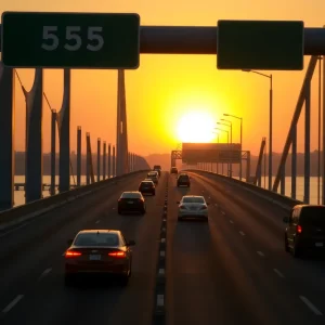 Vehicles crossing the I-55 Mississippi River bridge during sunrise