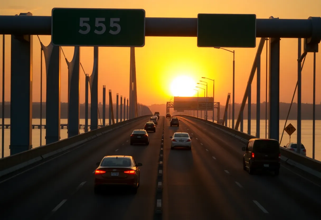 Vehicles crossing the I-55 Mississippi River bridge during sunrise