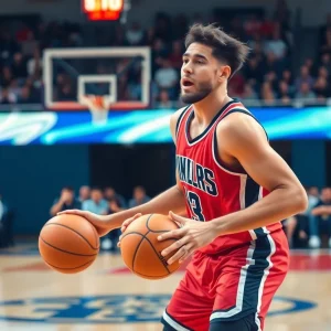 Basketball player in an action pose on the court with a cheering crowd.