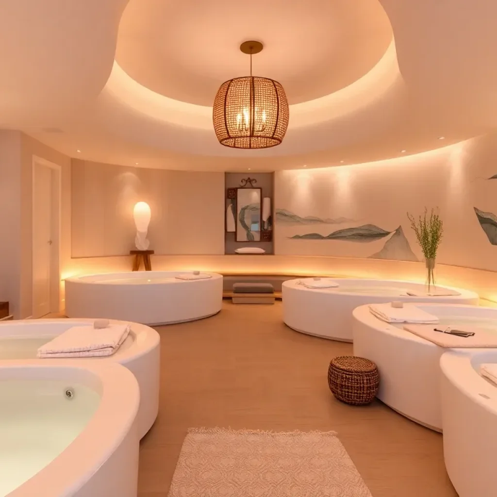 A peaceful wellness retreat environment showcasing float therapy rooms