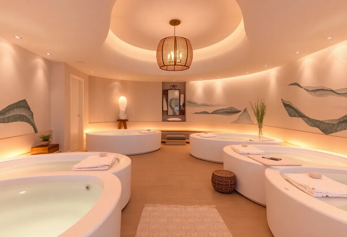 A peaceful wellness retreat environment showcasing float therapy rooms