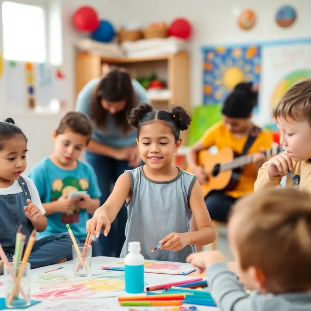 Children participating in an arts program for at-risk youth in a community center.