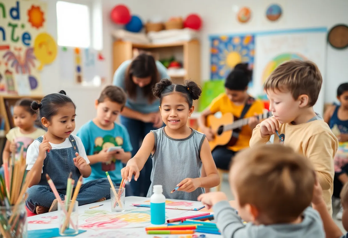 Children participating in an arts program for at-risk youth in a community center.