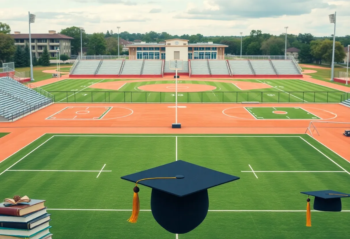 Empty basketball court and softball field at the University of Memphis