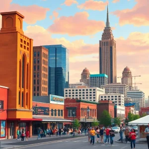 A colorful representation of Memphis with cultural landmarks