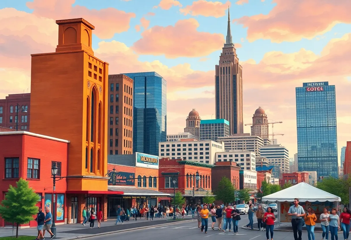 A colorful representation of Memphis with cultural landmarks