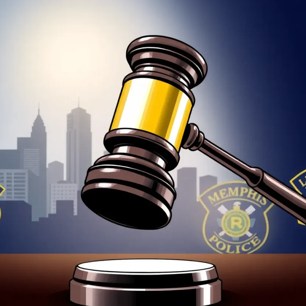 Illustration of a gavel with the Memphis skyline and police badges.