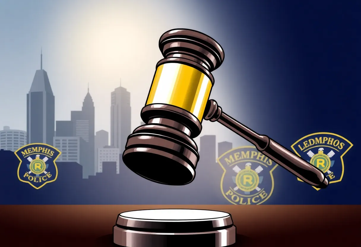 Illustration of a gavel with the Memphis skyline and police badges.