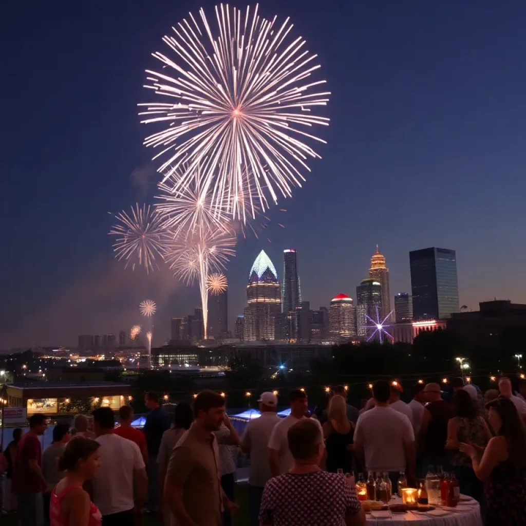 Fireworks lighting up the Memphis skyline during Fourth of July celebrations.