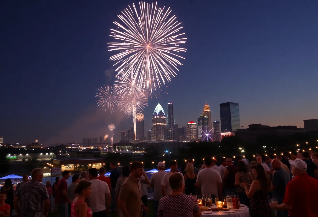 Fireworks lighting up the Memphis skyline during Fourth of July celebrations.