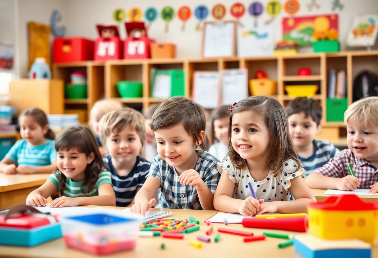 Children participating in educational activities in a vibrant classroom