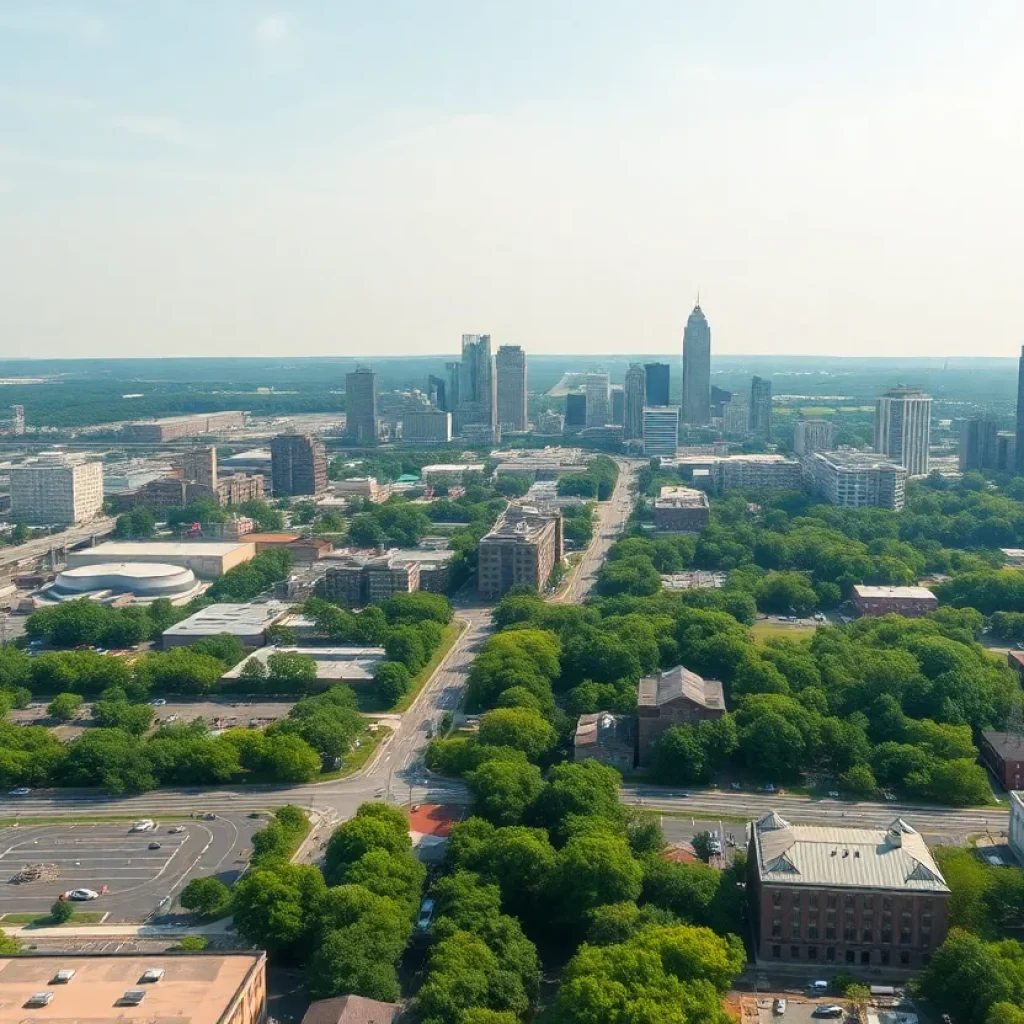A view of Memphis showcasing industrial buildings alongside greenery.