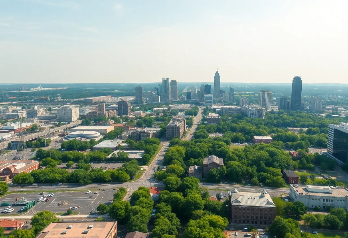 A view of Memphis showcasing industrial buildings alongside greenery.