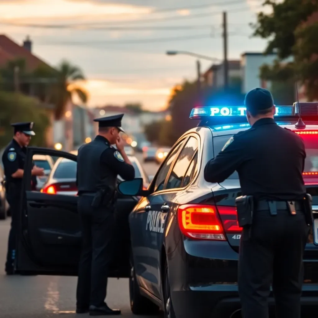 Police officers conducting a traffic stop with a police car in view.
