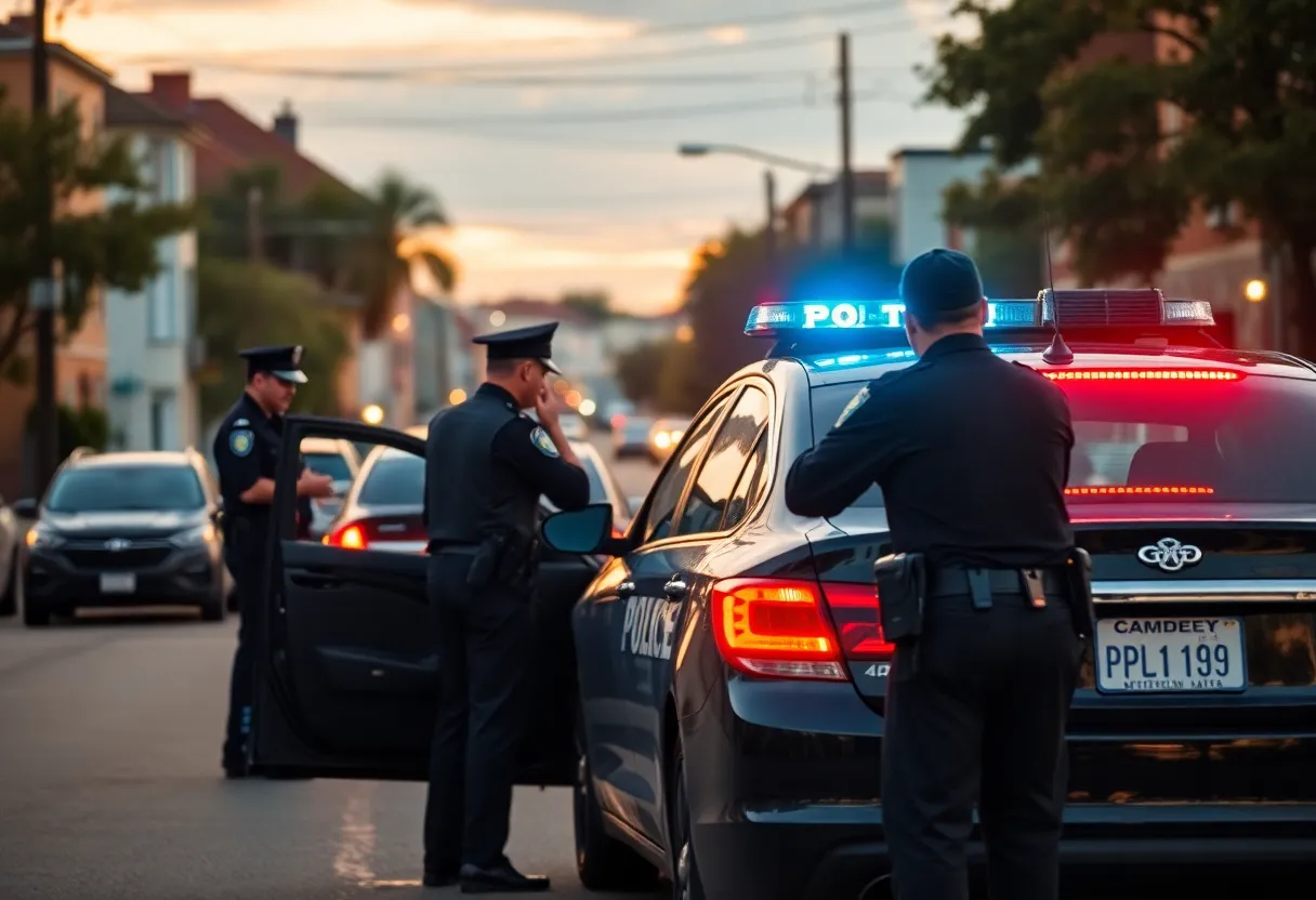 Police officers conducting a traffic stop with a police car in view.