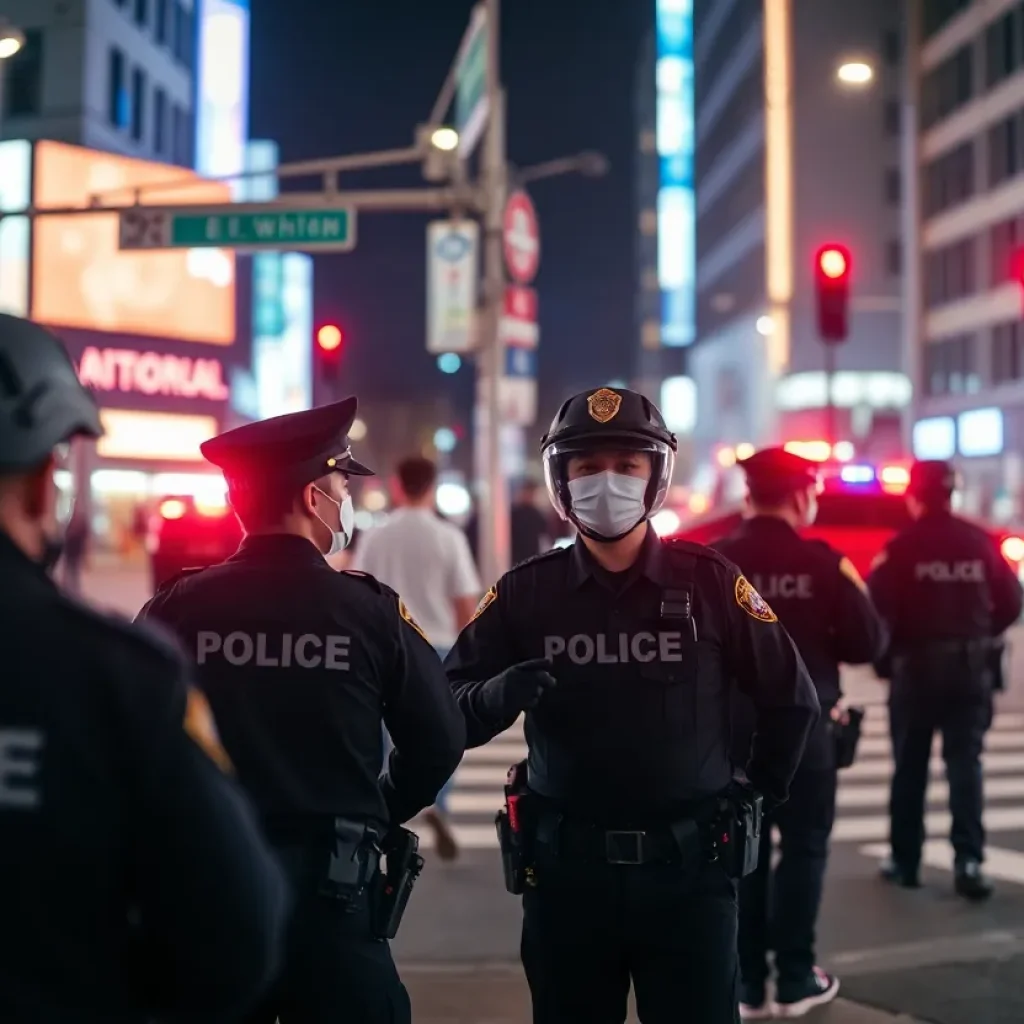 Police officers responding to a shooting incident at an urban intersection