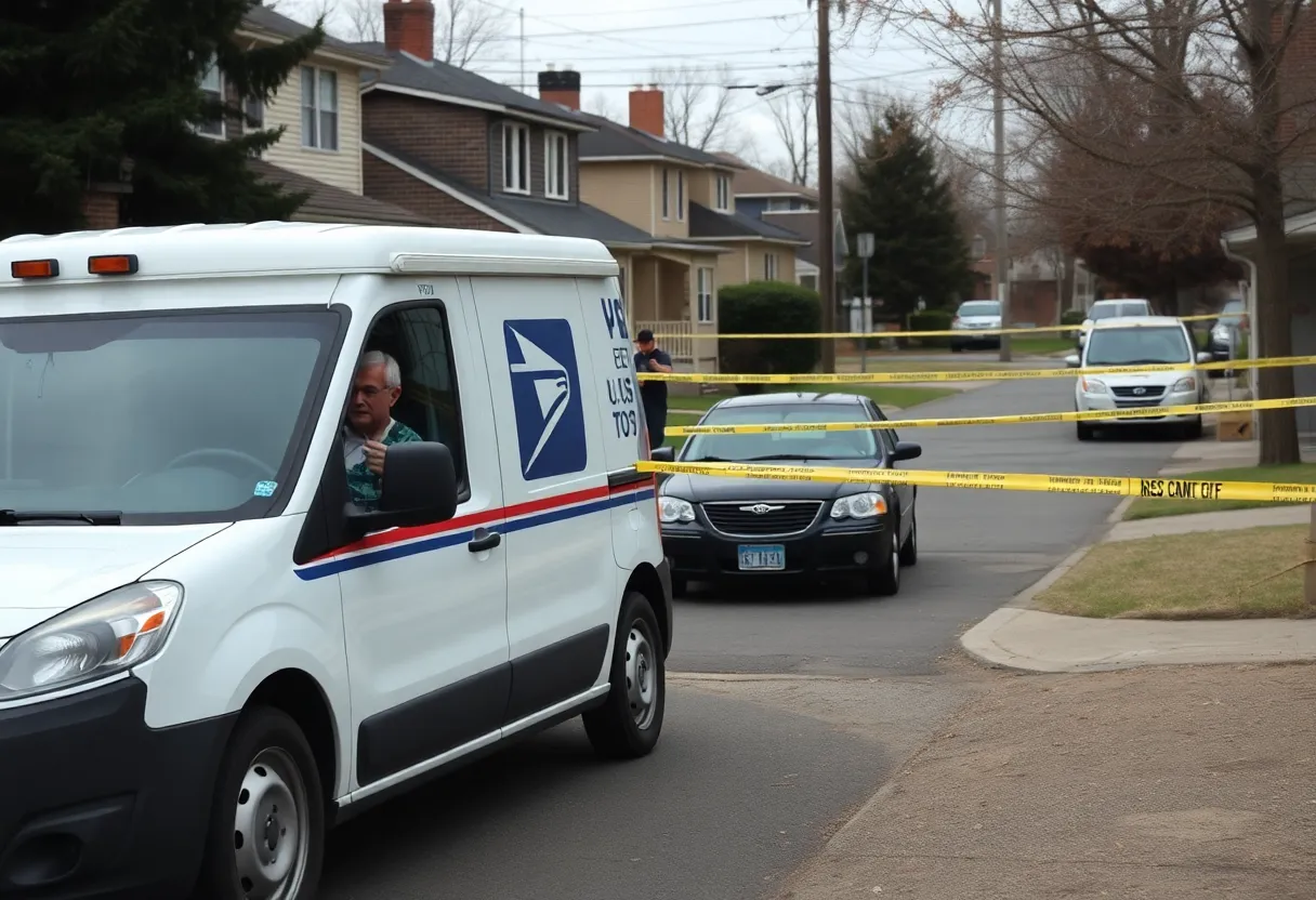 U.S. Postal Service vehicle in a neighborhood with police tape, indicating an ongoing investigation.