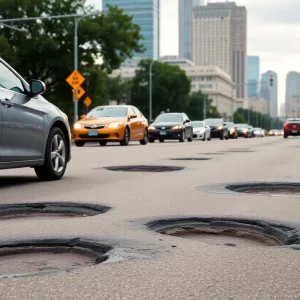 A street in Memphis showing potholes and cars driving around them
