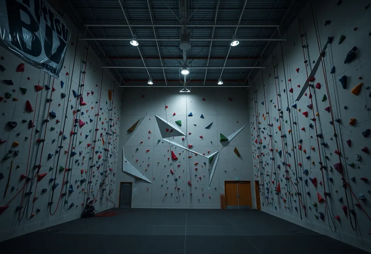 Interior view of a rock climbing gym in Memphis with empty climbing walls