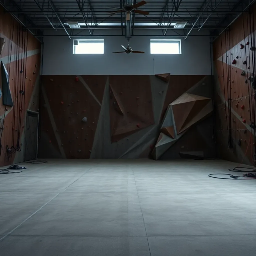 Interior of Memphis Rox rock climbing gym with climbing walls and gear