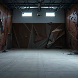 Interior of Memphis Rox rock climbing gym with climbing walls and gear