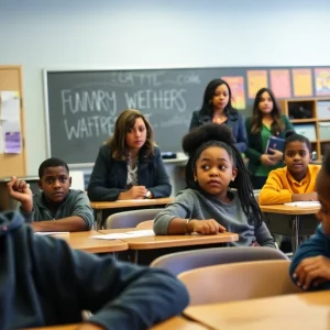 Classroom scene in Memphis showing students and educators with concerned expressions about funding cuts